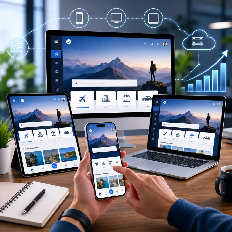 Responsive online boutique shop website displayed on desktop, laptop, tablet, and smartphone screens