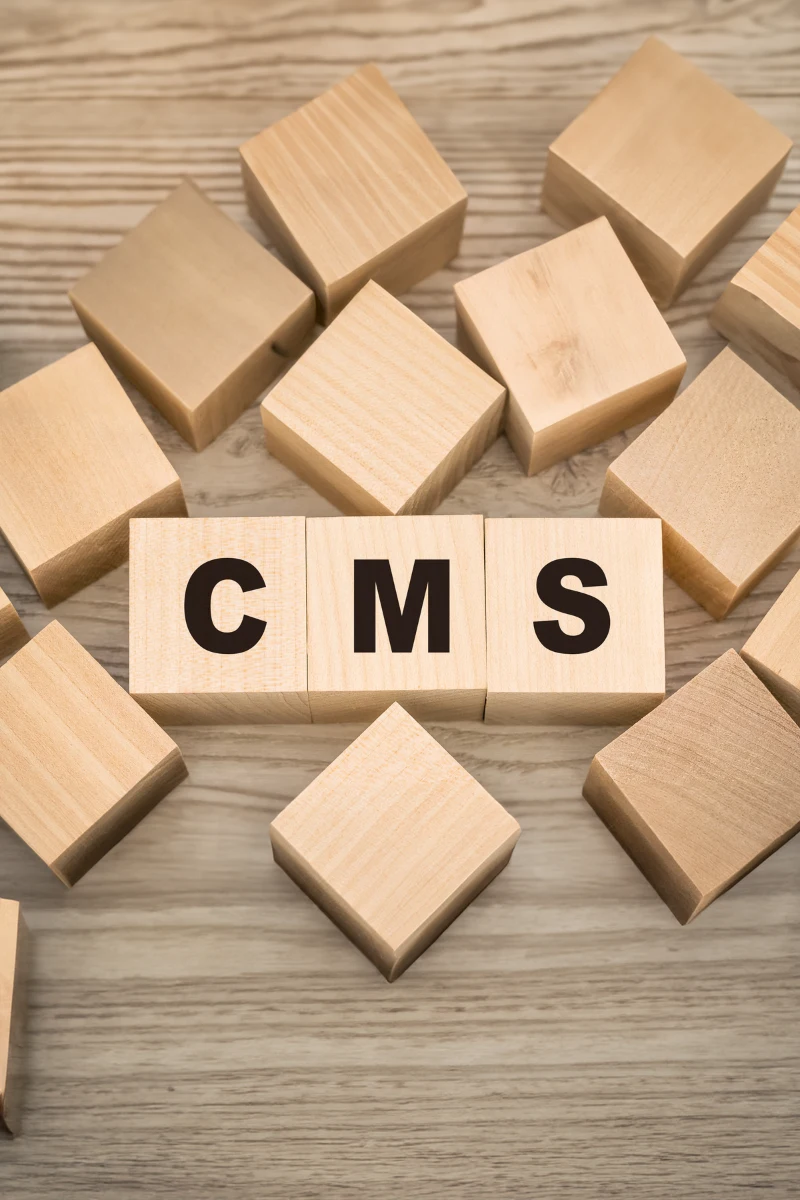 Wooden letter blocks spelling 'CMS' surrounded by blank wooden cubes on wood surface, representing content management system